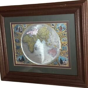 Framed World Map Foil Print | 7.5”x5.5” | Vintage Polar Projection Art